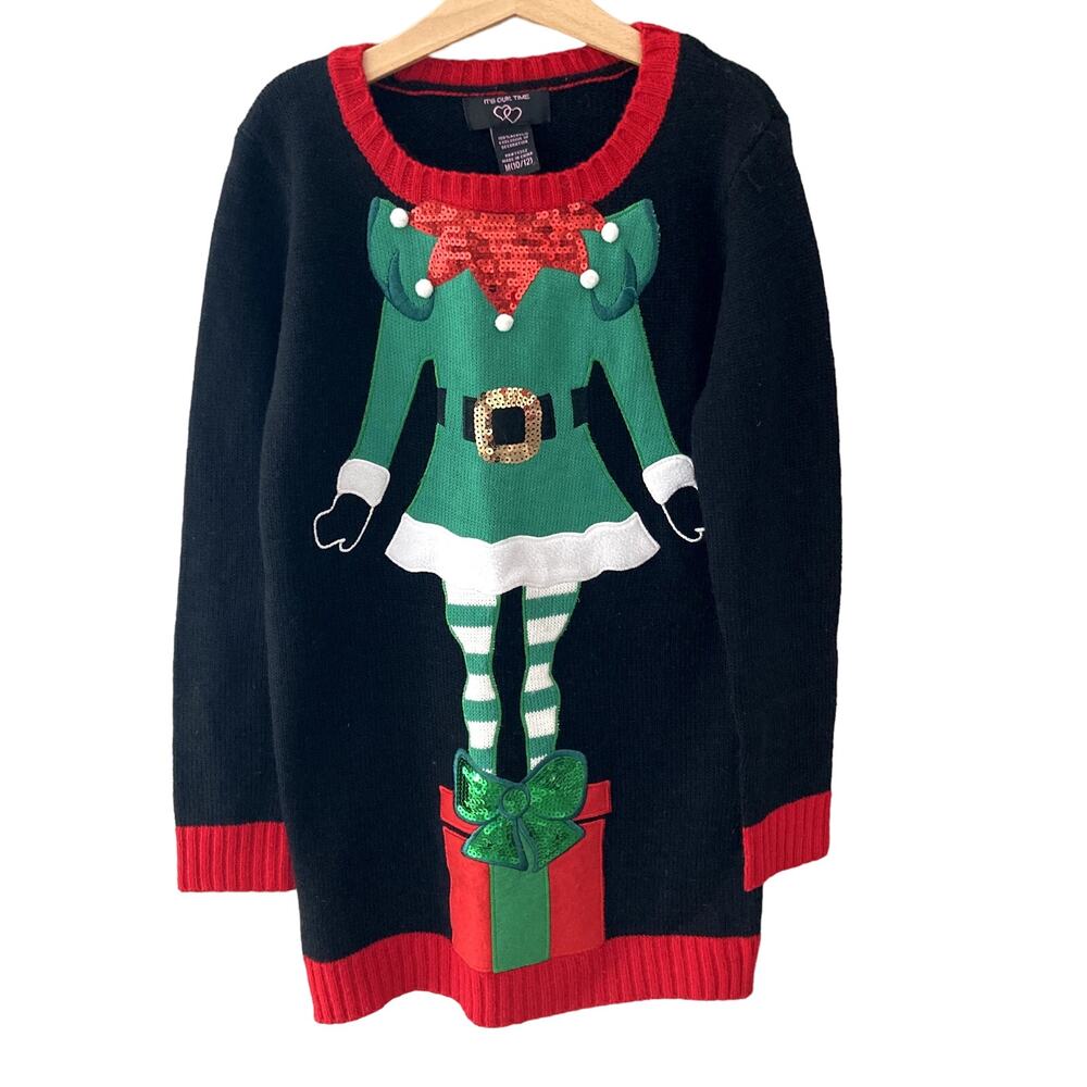 It's Our Time Elf Ugly Sweater Dress - Holiday - Black - Medium 10/12